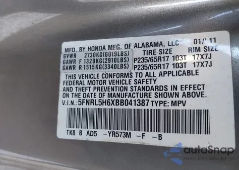 2011 Honda Odyssey Ex-L z USA, uszkodzony, nr VIN 5FNRL5H6XBB041387
